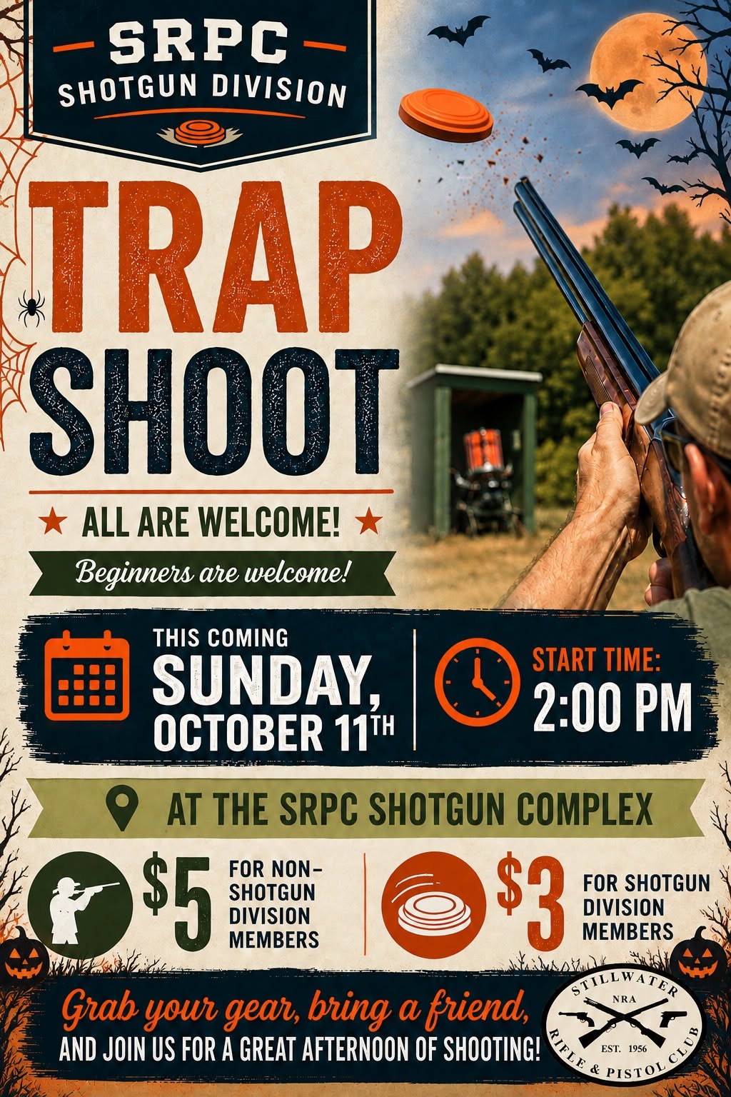 Poster for the SRPC Shotgun Division trap shoot on Sunday 11 October 2026, 2pm at the SRPC shotgun complex.